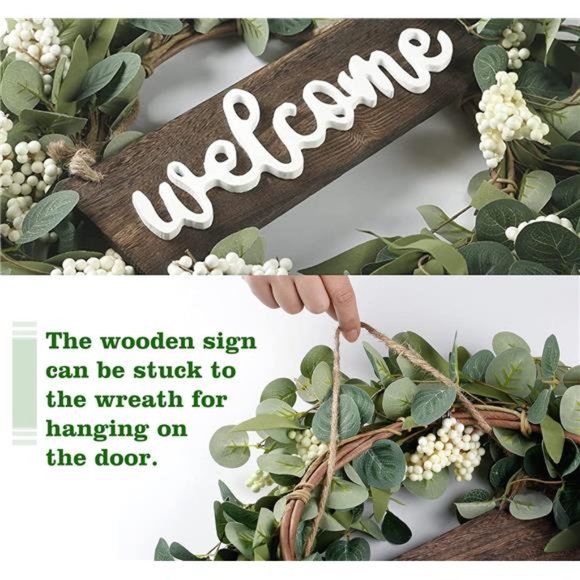 Green Artificial Eucalyptus Wreath with Welcome Sign 20in Spring Summer Wreath - Picture 6 of 7